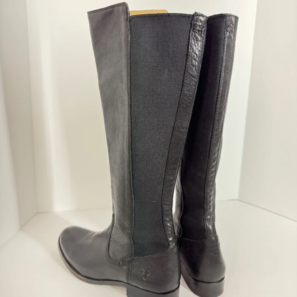 Frye Black Leather Tall Riding Boots Stretch Back Panel Size 6.5B Equestrian